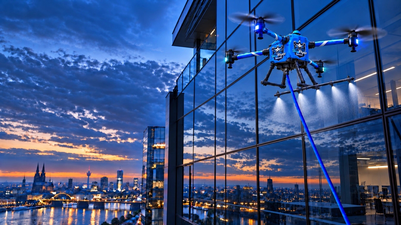 Blaue SkyFlyer-Reinigungsdrohne vor einer sauberen, spiegelnden Glasfassade