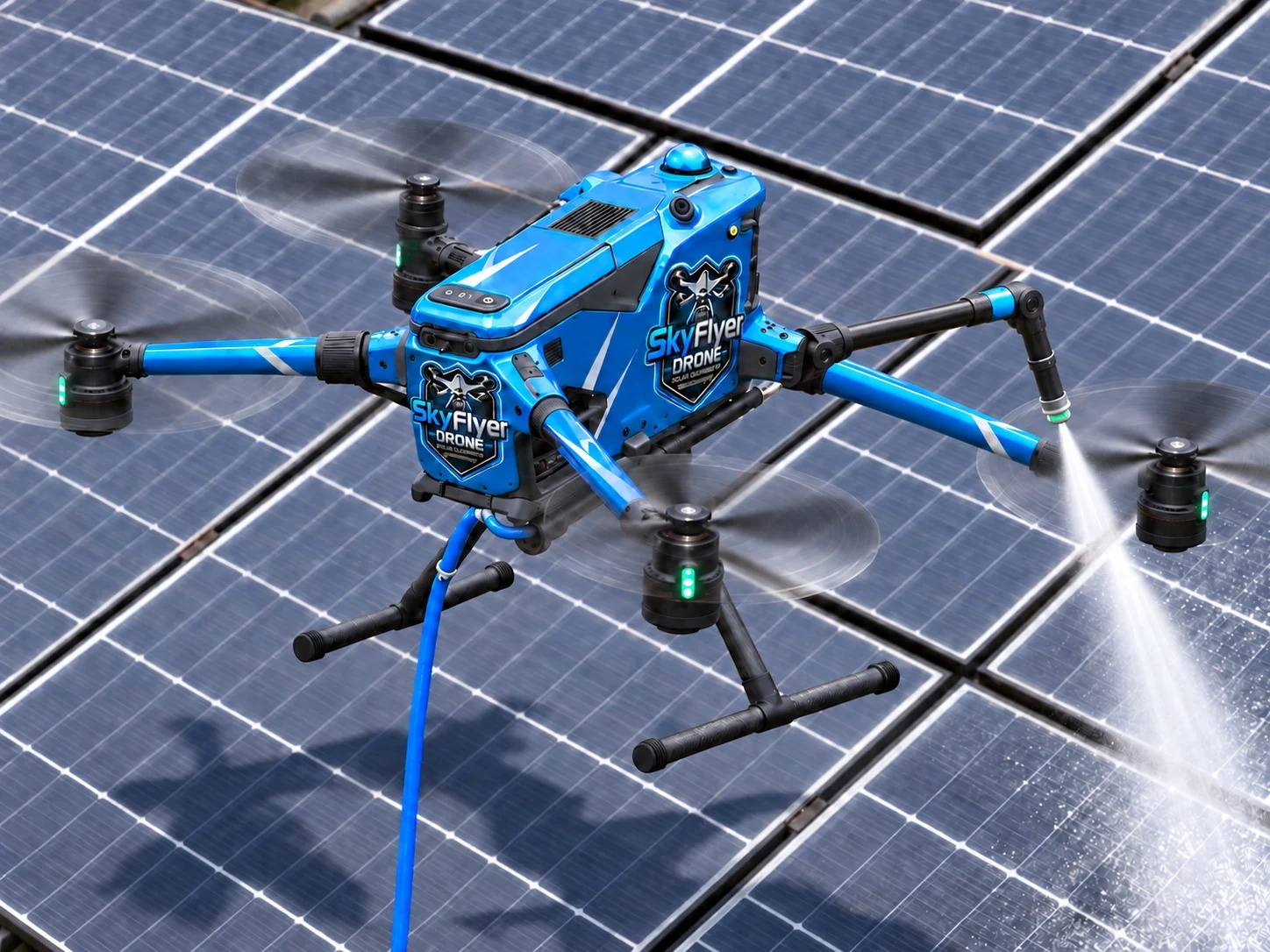 SkyFlyer-Drohne bei der Reinigung von Photovoltaikmodulen